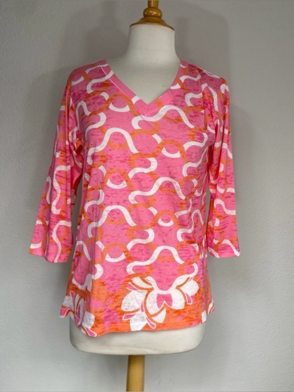 Whimsy Rose Womens Peach Pink Mod V Neck 3/4 Sleeve Lightweight T-Shirt Size L